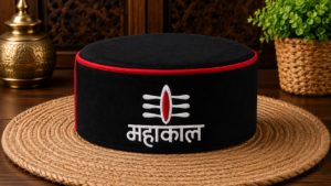 Black Mahakal Himachali Topi – Handmade Wool Pahadi Cap with Shiv Print