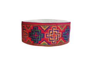 Red Himachali topi with traditional Kullu pattern handmade wool cap for men