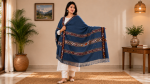 Kullu Style Woollen Shawl for Women – Navy Blue Traditional Pahadi Design