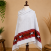 Pahadi White Shawl – Red Geometric Border with Traditional Fringe