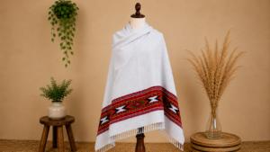 Pahadi White Shawl – Red Geometric Border with Traditional Fringe