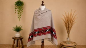 Himachali Traditional Wear – Cream Traditional Shawl with Red Geometric Border