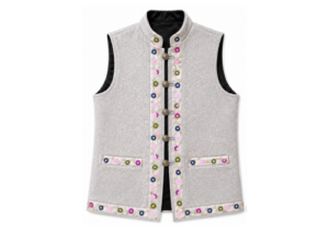Himachali Waistcoat for Girls – Grey Traditional Bundi with Floral Border