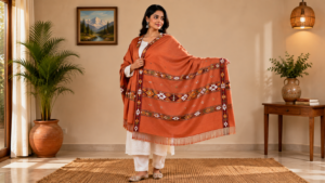 Kullu Traditional Shawl for Women – Handmade Pahadi Orange Ethnic Shawl