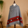 Traditional Pahadi Grey Shawl – Red Geometric Border & Fringe Detail