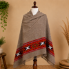Traditional Mountain Taupe Shawl – Red Geometric Border & Fringe Detail