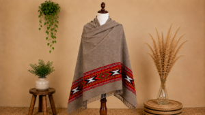 Traditional Mountain Taupe Shawl – Red Geometric Border & Fringe Detail