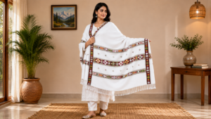Himachali Handmade Shawl for Women – White Pahadi Traditional Shawl with Woven Border